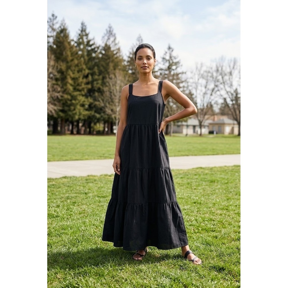 The Drop Black Tiered Maxi Dress Square Neck Cross Back Straps Size Large NWT